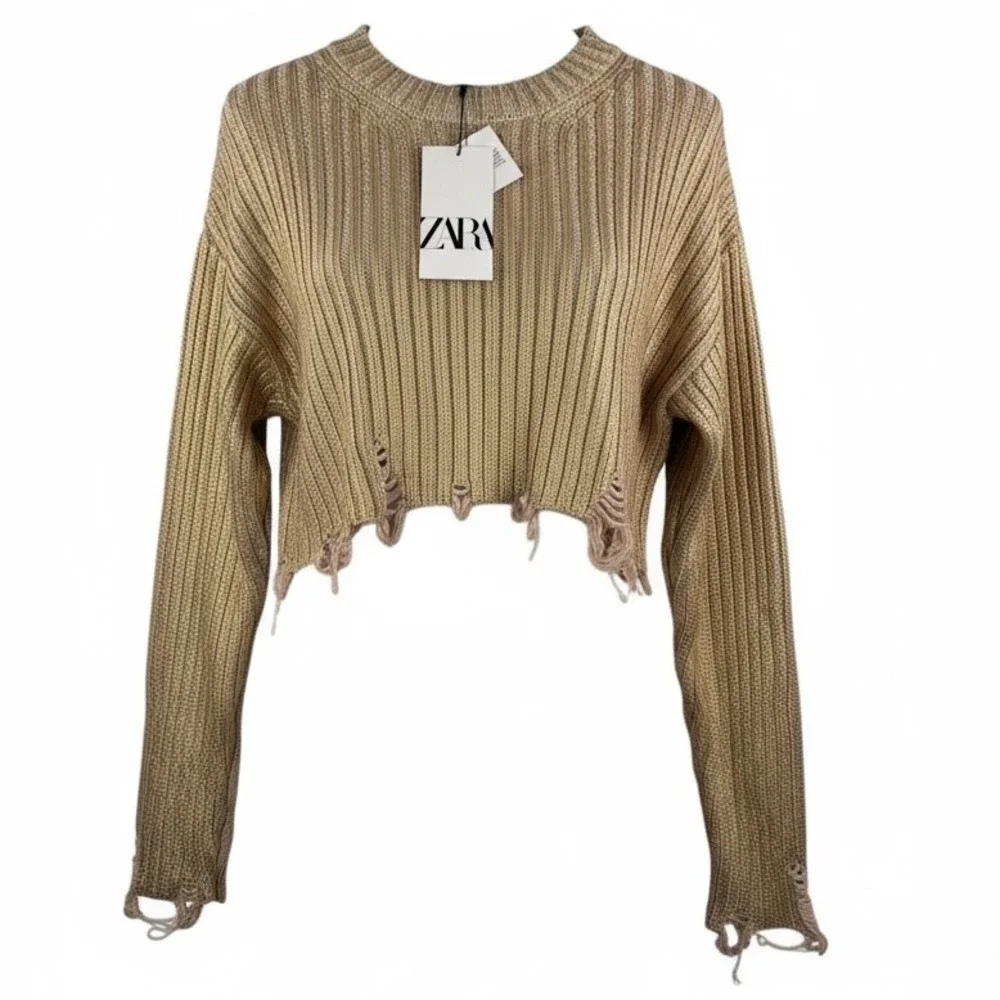 Zara Metallic Gold Knit‎ Sweater Distressed Cropped boho Chunky ribbed Y2K sz S